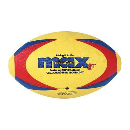 SportimeMax ProRubber Rugby Ball, Size 5, Yellow with Red/Blue Pattern