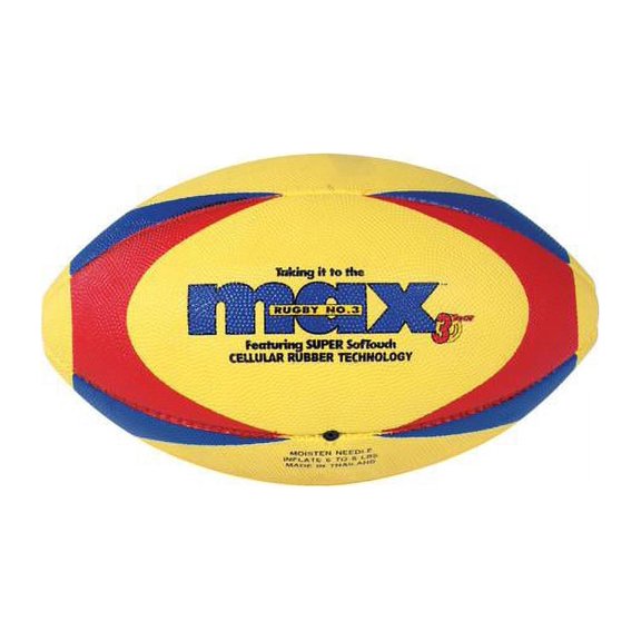 SportimeMax ProRubber Rugby Ball, Size 5, Yellow with Red/Blue Pattern