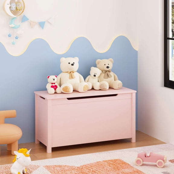MOONRIVER Kids Wooden Toy Box Storage with Safety Hinged Lid for Ages 2 , Pink