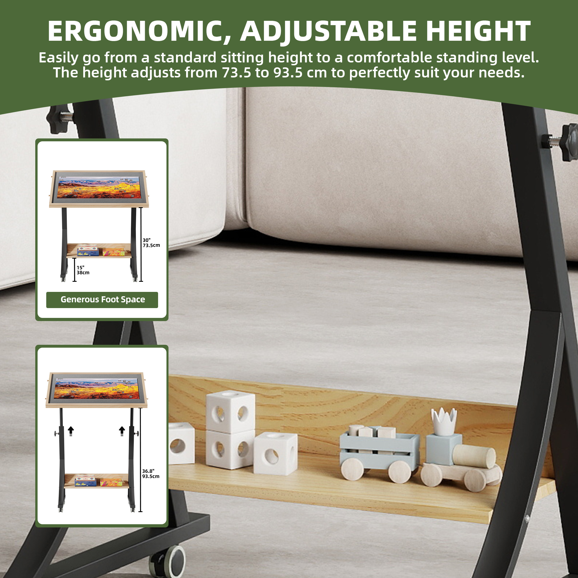 Uforic Jigsaw Puzzle Table with 4 Drawer, Legs and Wheels, Adjustable Up Level Mesa Gamer Tables