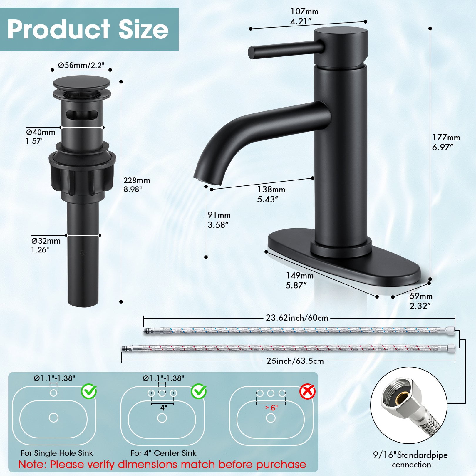 Wowkk Sanitary Ware Black Bathroom Faucets Stainless Steel Single Handle Bathroom Sink Faucet with Pop up Drain and PEX Encrypted Hose, Modern Bathroom Faucets for Sink 1 or 3 Holes