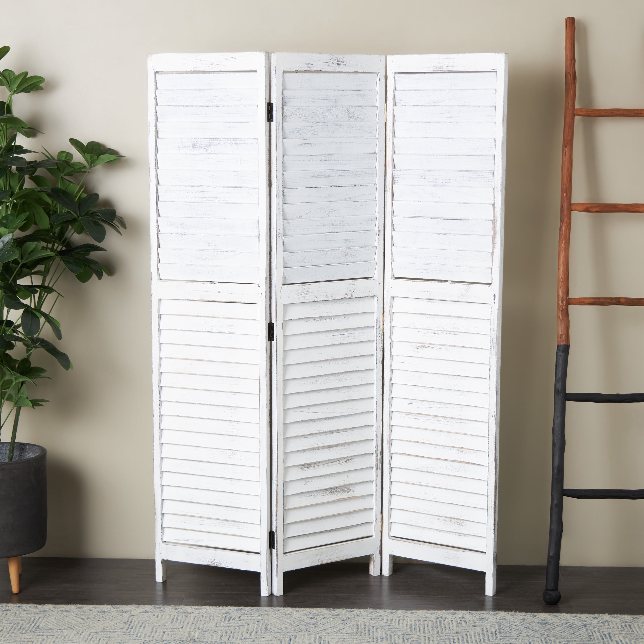 DecMode 47" x 67" White Wood Washed Shutter Top 3 Panel Room Divider Screen with Gray Distressing, 1-Piece