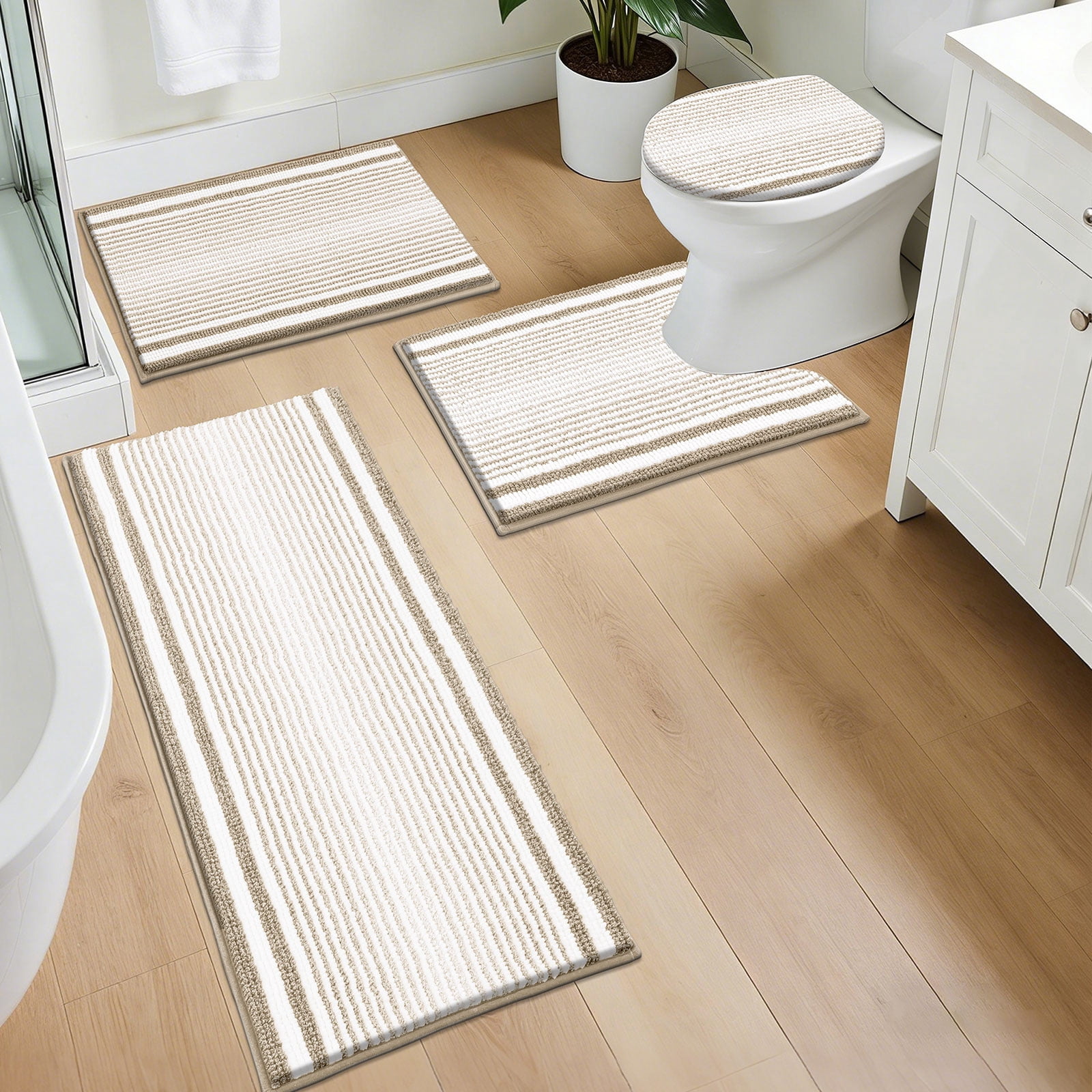 Ileading Chenille Bathroom Rugs Sets 4 Piece, Super Absorbent Non Slip Washable Bath Mat and U-Shaped Contour Toilet Rug Set for Tub Shower Floor Carpet