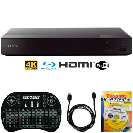 Sony BDP-S6700 4K Upscaling 3D Streaming Blu-ray Disc Player + Accessories Bundle Includes, 2.4GHz Wireless Backlit Keyboard w/ Touchpad, 6ft HDMI Cable and Laser Lens Cleaner for DVD/CD