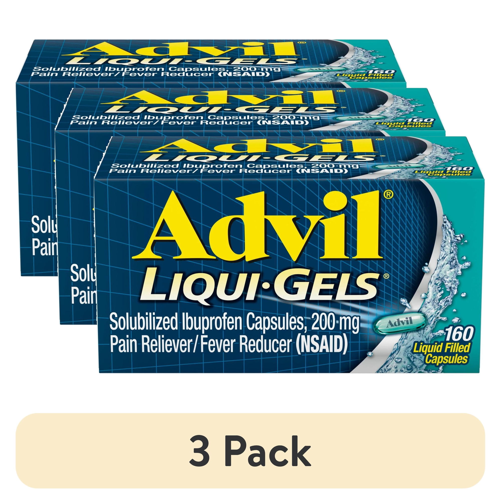 (3 pack) Advil Liqui-Gels Pain Relievers for Headache Relief, Fever Reducer Liquid Filled Capsules, 200 Mg Ibuprofen, 160 Count