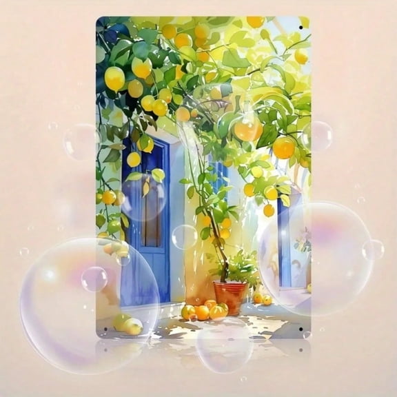 HELLOYOUNG Vintage Lemon Tin Sign Mediterranean Blue Door Wall Art Poster Sunny Kitchen Decor Farmhouse Metal Print for Home