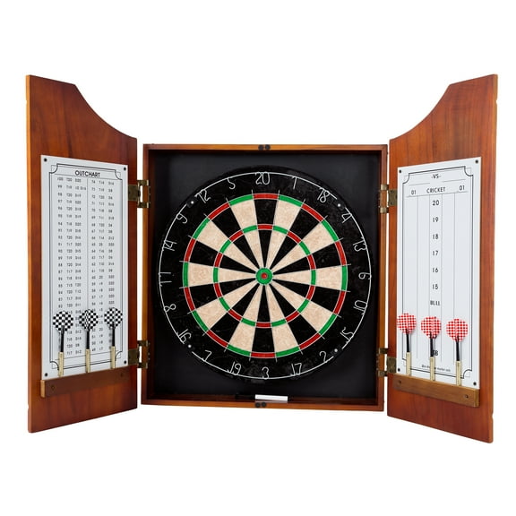 ETHFRF Beveled Wooden Dart Cabinet Set with Official 18" Sisal Board, Scoreboard & 6 Steel Tip Darts for Game Room Bar