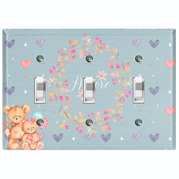 Metal Light Switch Wall Plate Outlet Cover (2 Teddy Bears With Love Heart Flower Balloon Flower Wreath - Triple Toggle)