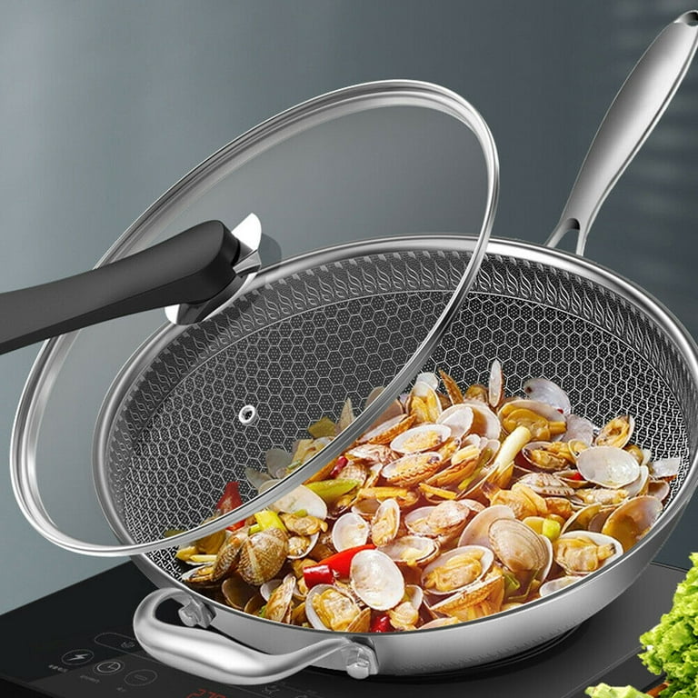 Double Sided Honeycomb Cooking Frying Pan Stainless Steel Non Stick Wok w/  Lid