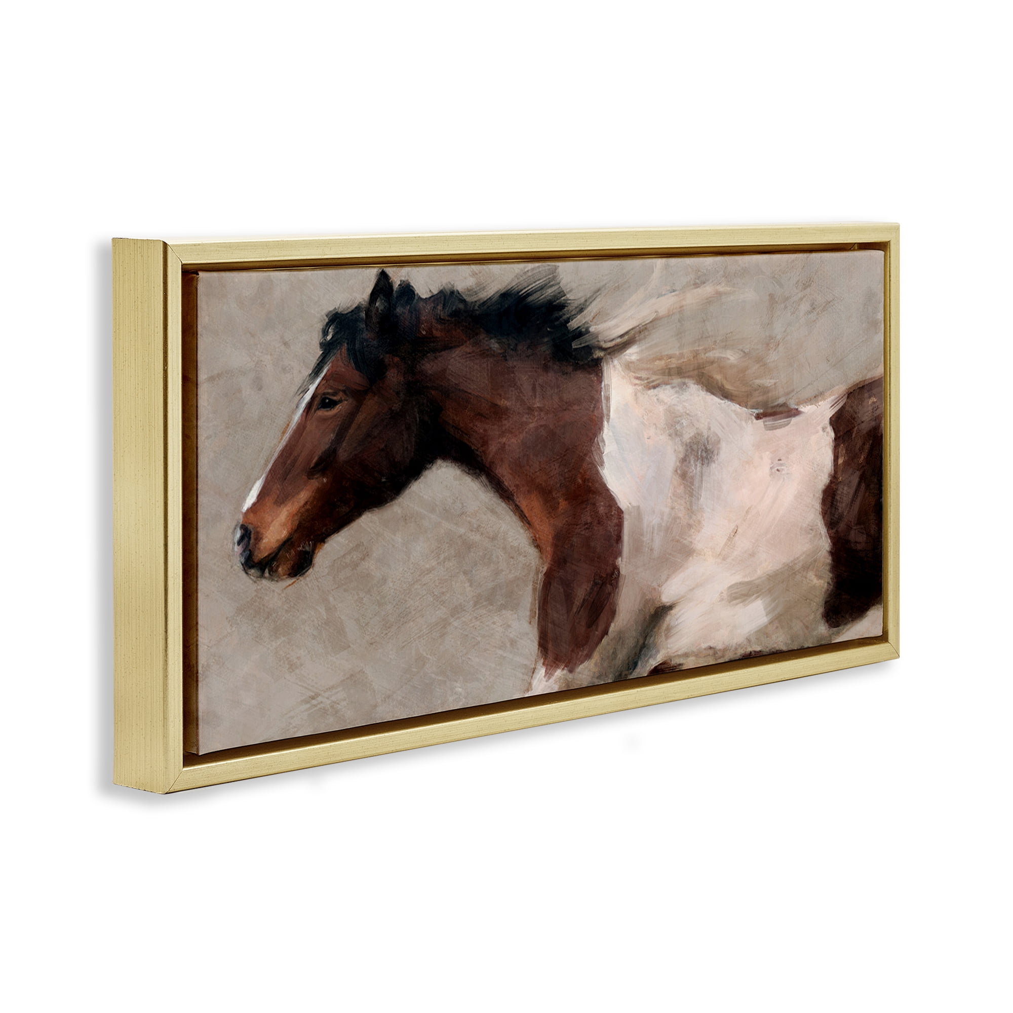 Stupell Industries Brown & White Horse Animals & Insects Painting Gold Floater Framed Canvas Art Print Wall Art, 31 x 14