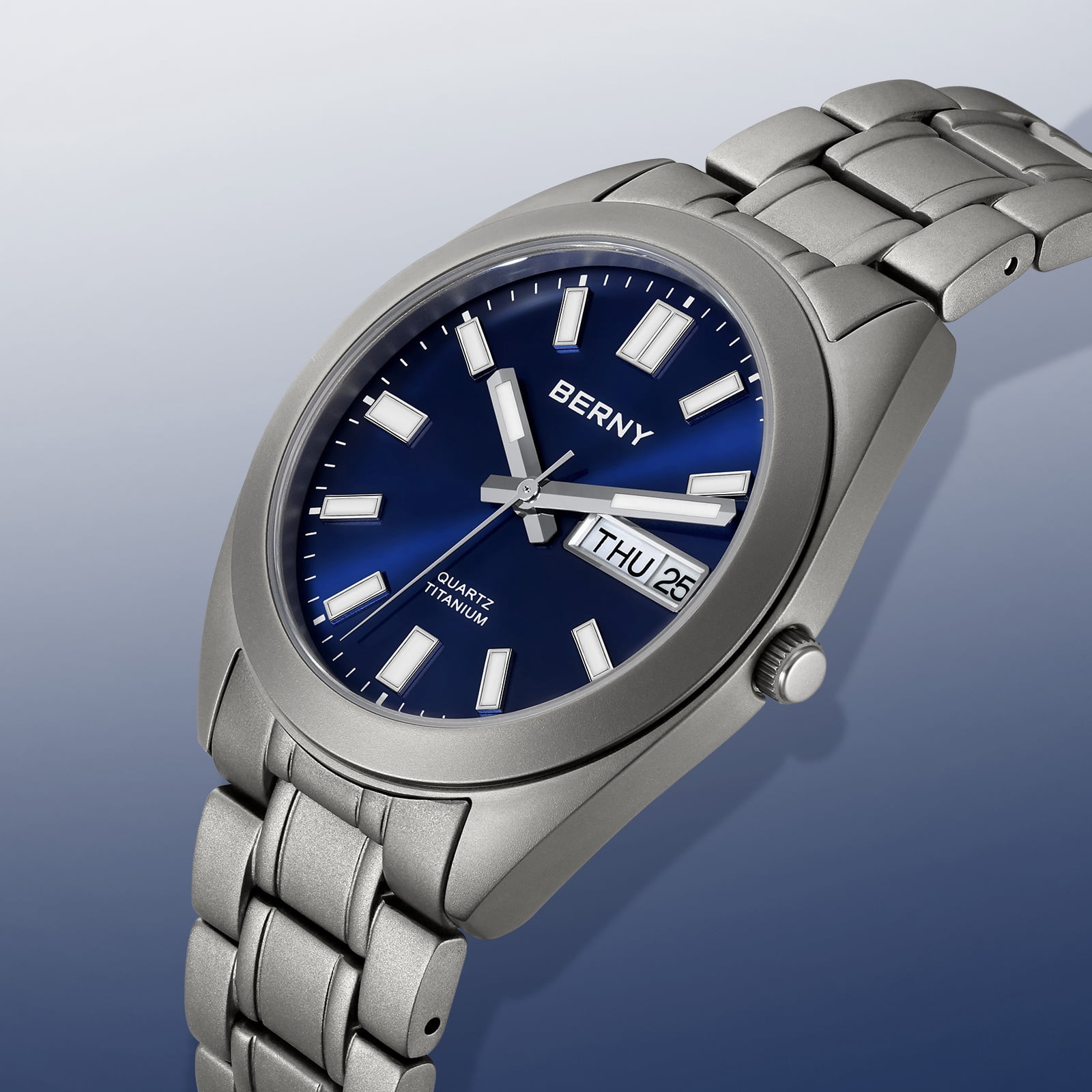 BERNY Titanium Watch for Men, Sport Men's Field Watch, Military Analog Quartz Watch with Date, Japanese Quartz Movement, Super Luminous, 10ATM Waterproof Army Wristwatch, Blue