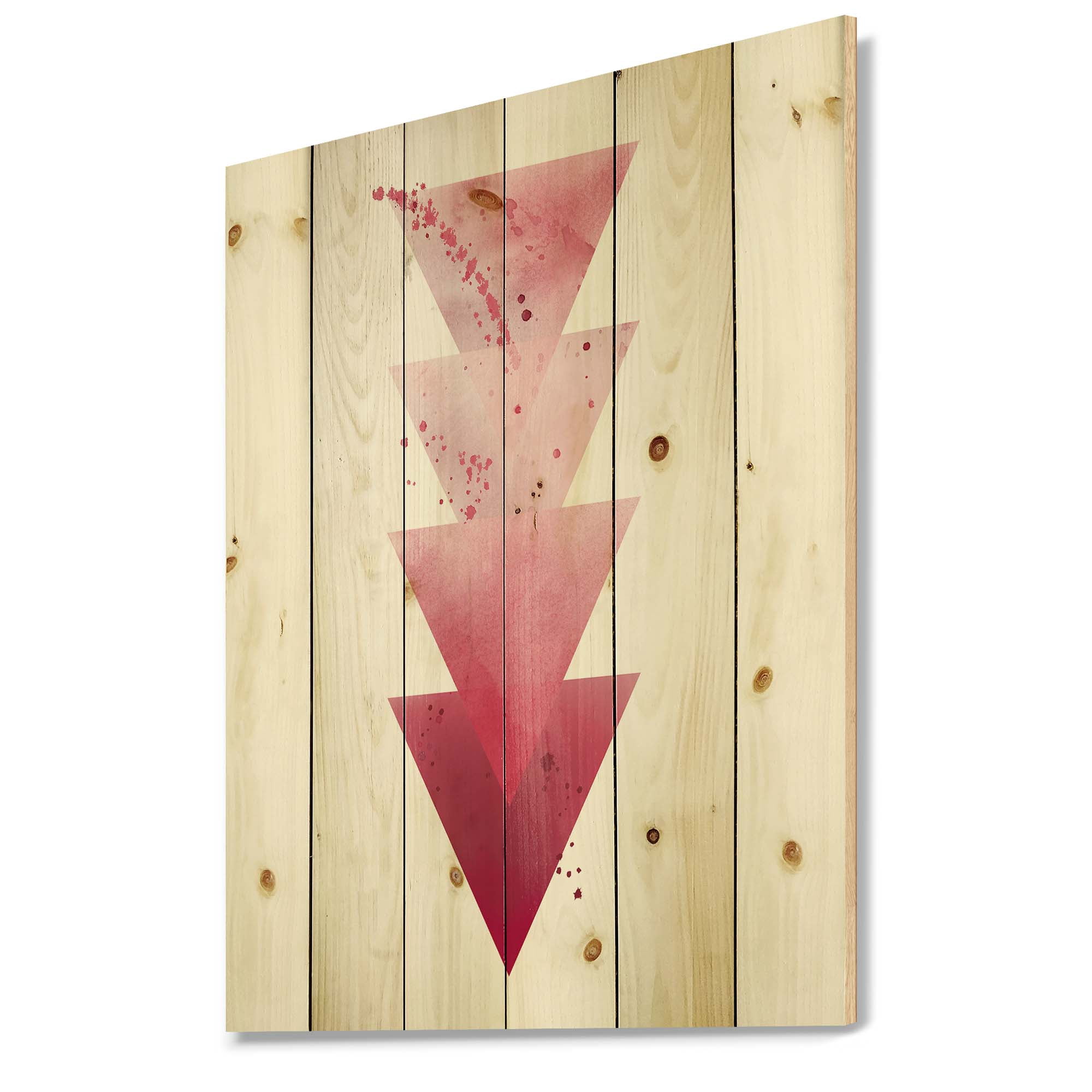 Designart 'Abstract Geometric Art Red Triangles Composition' Modern Print on Natural Pine Wood