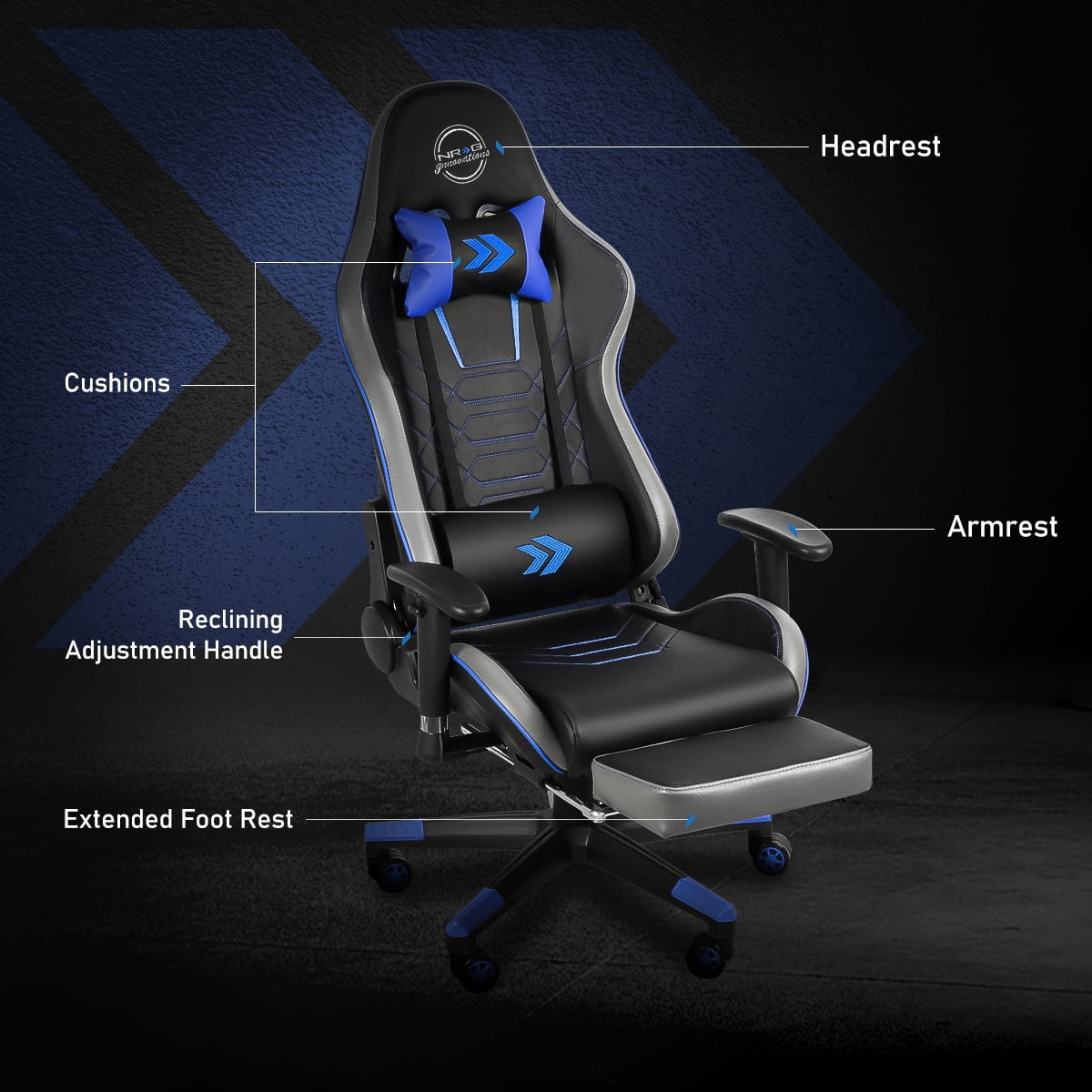 DNA Motoring NRG-RSC-G100BL Fiberglass Frame Recline Adjustable Computer Office Game Chair, Blue