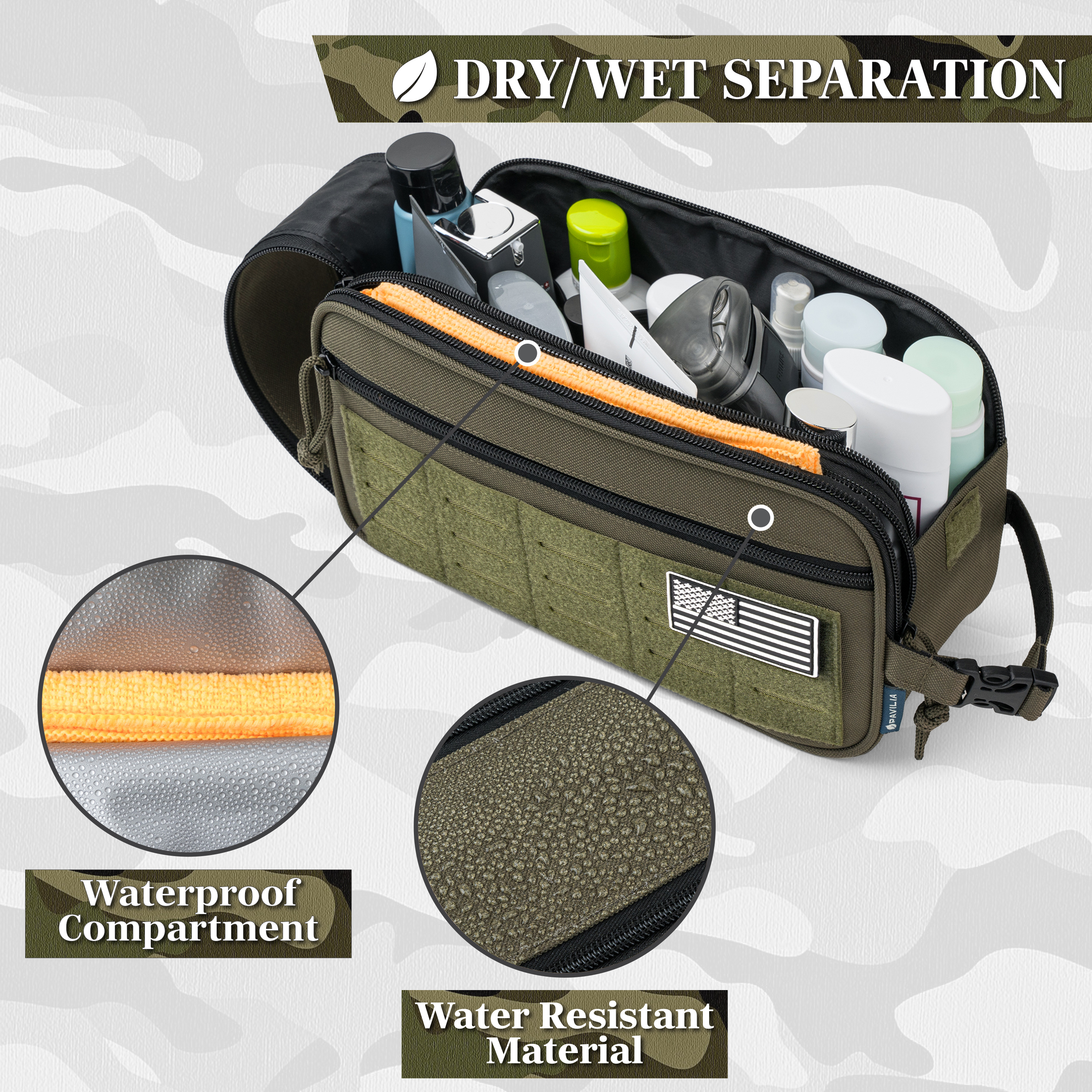 Pavilia Extra Large Tactical Toiletry Bag for Men, Hygiene Travel Bag, Military Dopp Kit, Water Resistant Molle Pouch, Mens Shaving Grooming Essentials, Bathroom Shower Small Organizer Case, Olive