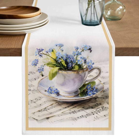 Spring Blue Flowers Cotton Linen Table Runner for Dining Kitchen, Retro Tea Cup Phrases Country Wedding Outdoor Party Tablerunners Decoration, Dresser Scarf Coffee Tablecloth Runners 13x70 Inches