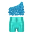 thumbnail image 3 of TSSOE Kids Girls 2-Piece Dance Outfits Hip Hop Jazz Cheer Dance Suits Shiny One Shoulder Crop Top and Booty Short Set Light Blue 4, 3 of 5