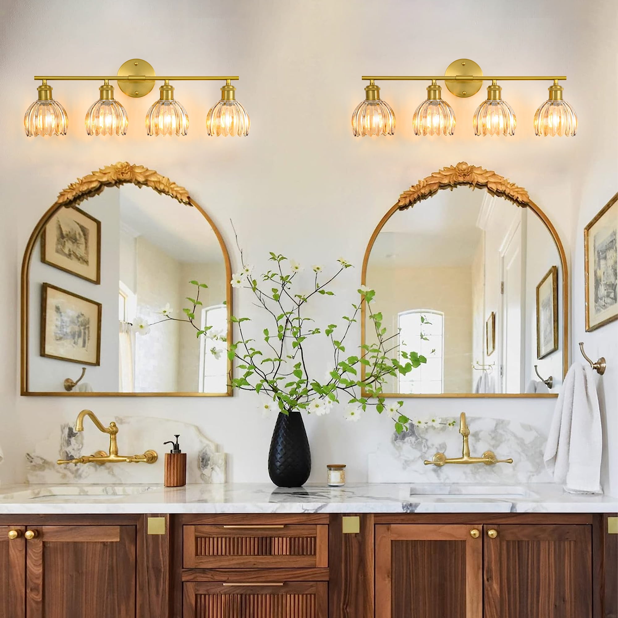 GCGAFUL Modern Gold Bathroom Vanity Light Fixtures, 26 in. 4-Light Bathroom Lights Fixtures Over Mirror with Amber Tulip Glass Shade