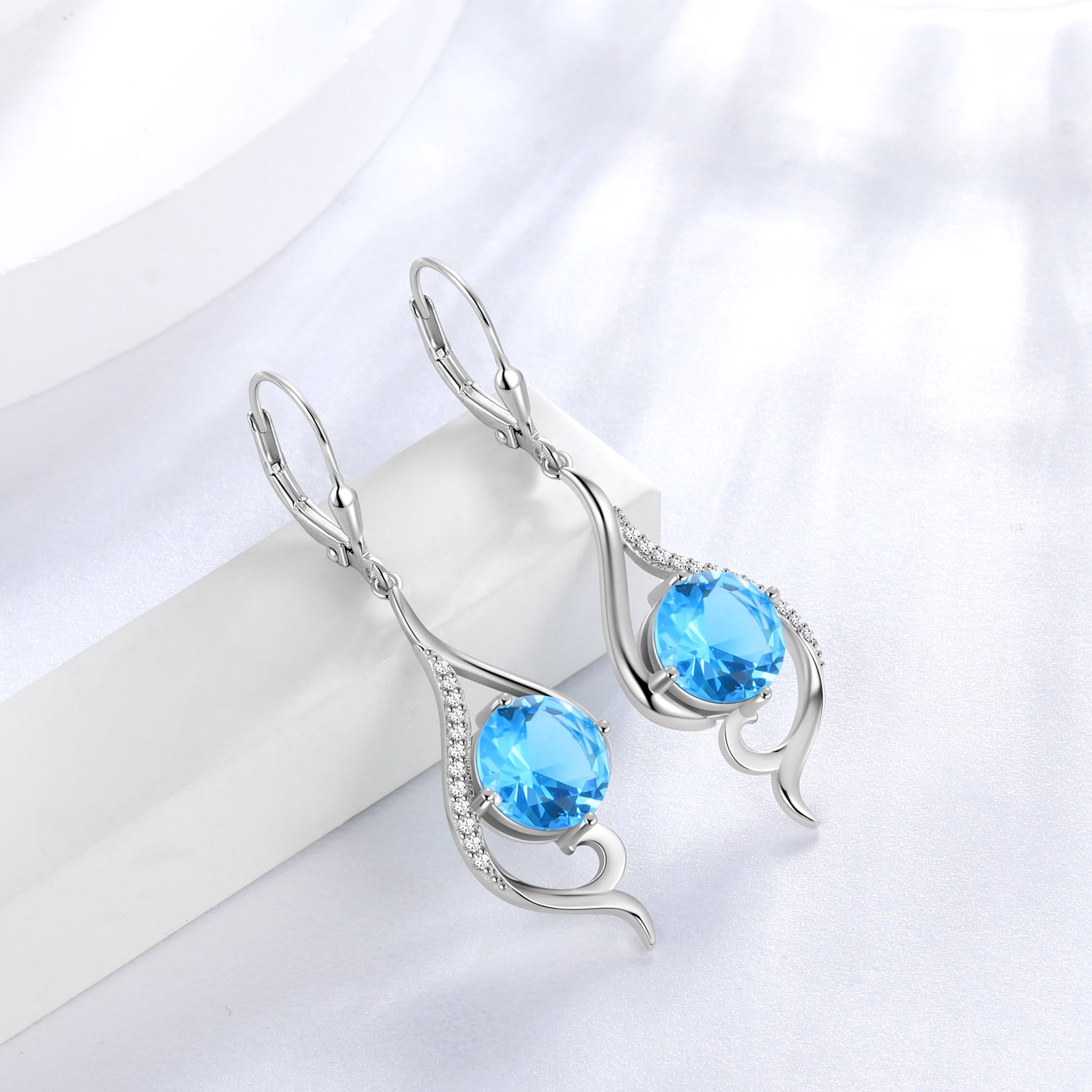 Juwaliy Women Dangle Earrings March Birthstone Earrings Aquamarine Blue Topaz Jewelry Tail 925 Sterling Silver Leverback Mother Wife Christmas Valentines Day Gift for Her