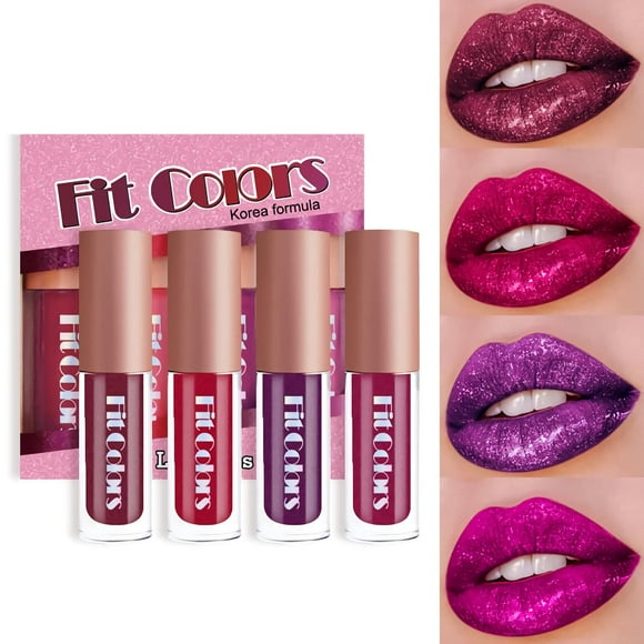 Juego de 4 barras de labios con purpurina, brillo de diamante, metálico, de larga duración, morado, rojo, mate a purpurina, brillante, lápiz labial líquido, juego de brillo de labios para mujeres, maq