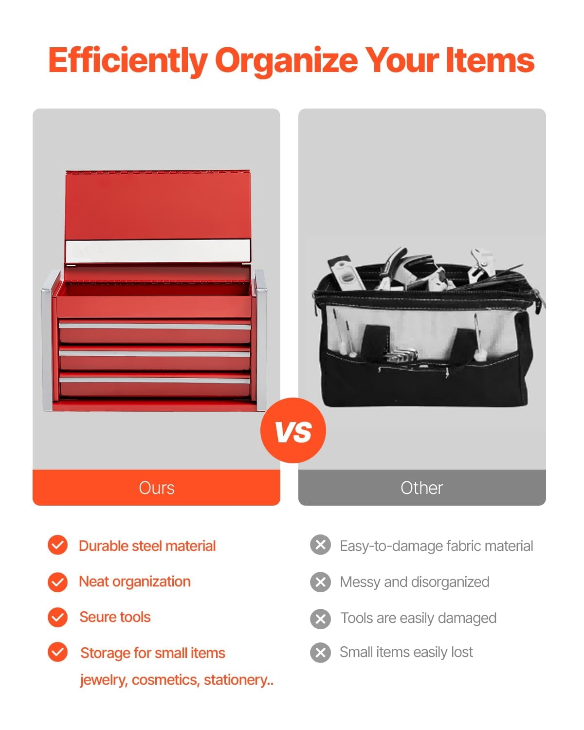 Metal Tool Box, 8.6-inch, Portable Metal Tool Box with 3 Drawers, Small Tool Chest with EVA Liners and PP Feet Pads, Heavy-Duty Steel With Ball Bearing Opening and Powder Coated Finish, Red