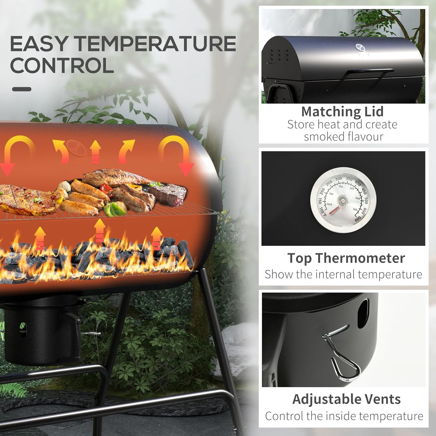 Barrel Charcoal BBQ Grill with 420 sq.in. Cooking Area, Outdoor Barbecue with Wheels, Ash Catcher and Built-in Thermometer for Patio Picnic, Backyard Party, Black