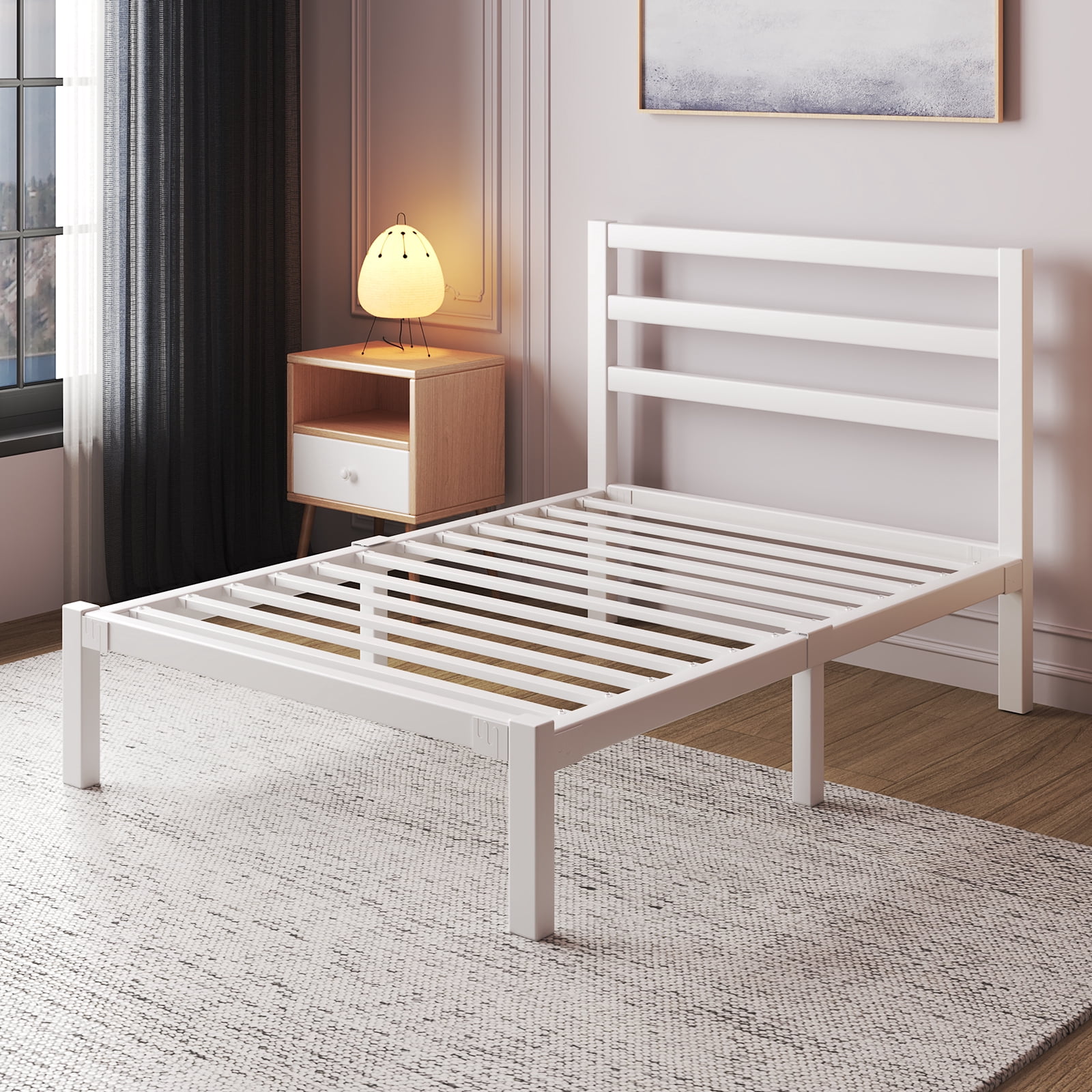 Twin Size Metal Platform Bed Frame with Headboard, Heavy Duty Steel Slat Support, Under-Bed Storage, No Box Spring Needed, White