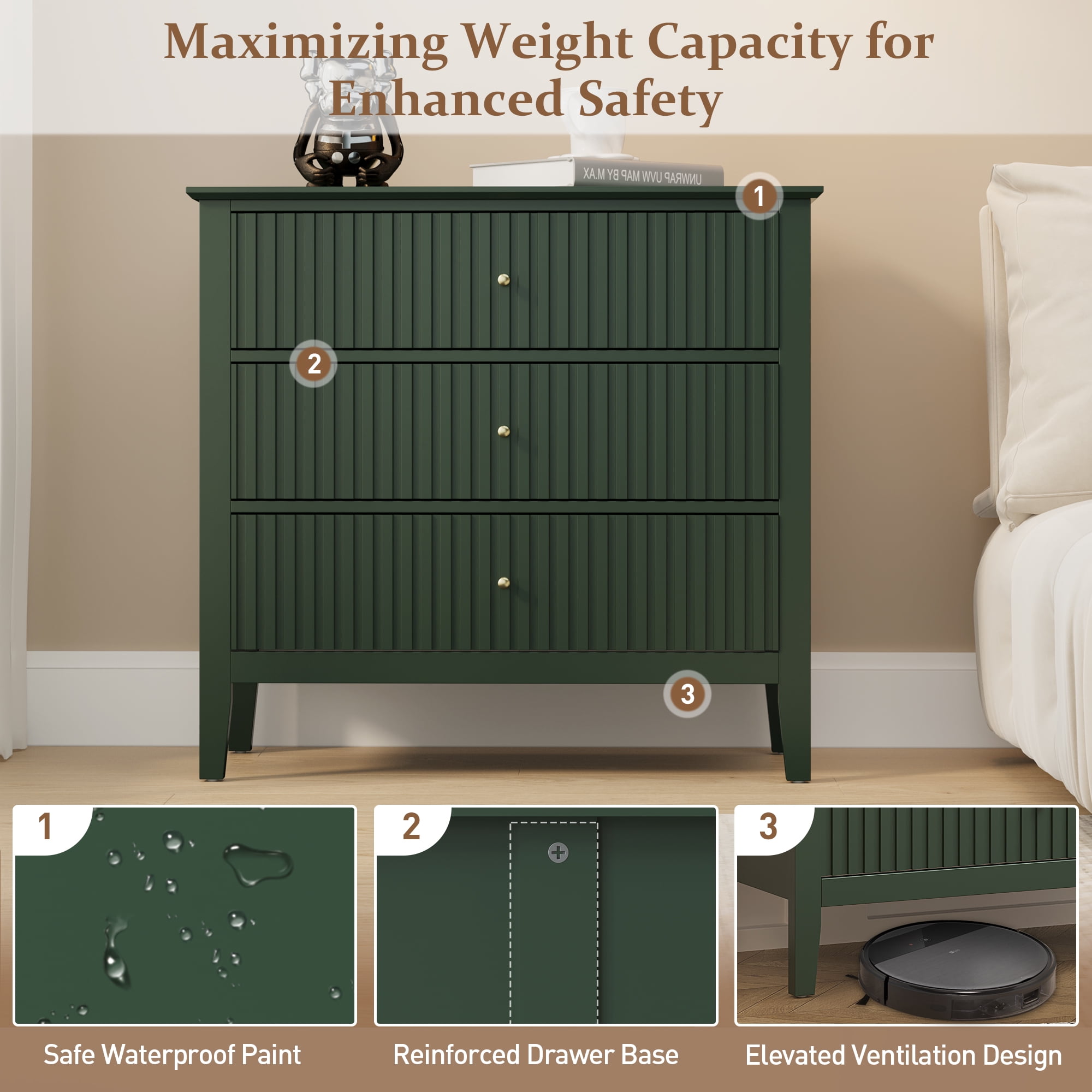 Mayincolor Fluted 3-Drawer Dresser Set of 2, Green Wood Chest for Bedroom & Living Room
