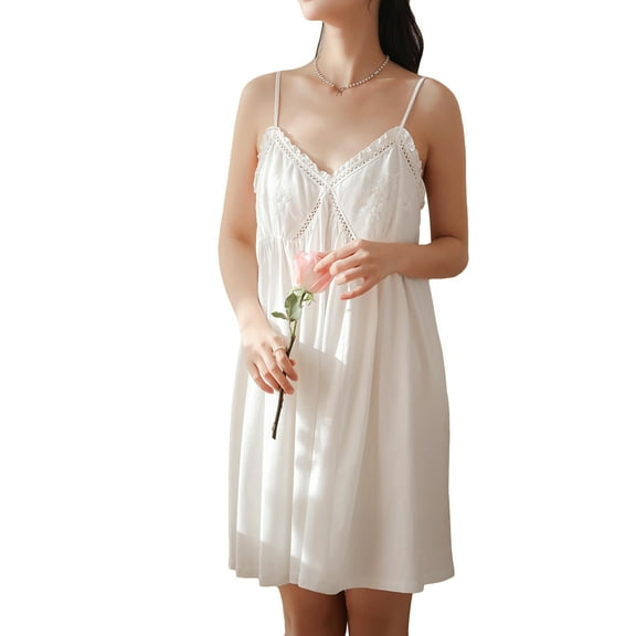 SWSMCLT Women's Cotton Victorian Nightgowns Vintage Sleep Dress Soft Nighty Cami Sleeveless V Neck Ruffle Backless Nighty White X-Large