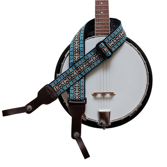 MUSIC FIRST Original Design, 2 inch width (5cm), Colorful Meshbelt & Genuine Leather Delux Banjo Strap, With 2 pieces of MUSIC FIRST Leather Strap Locker.