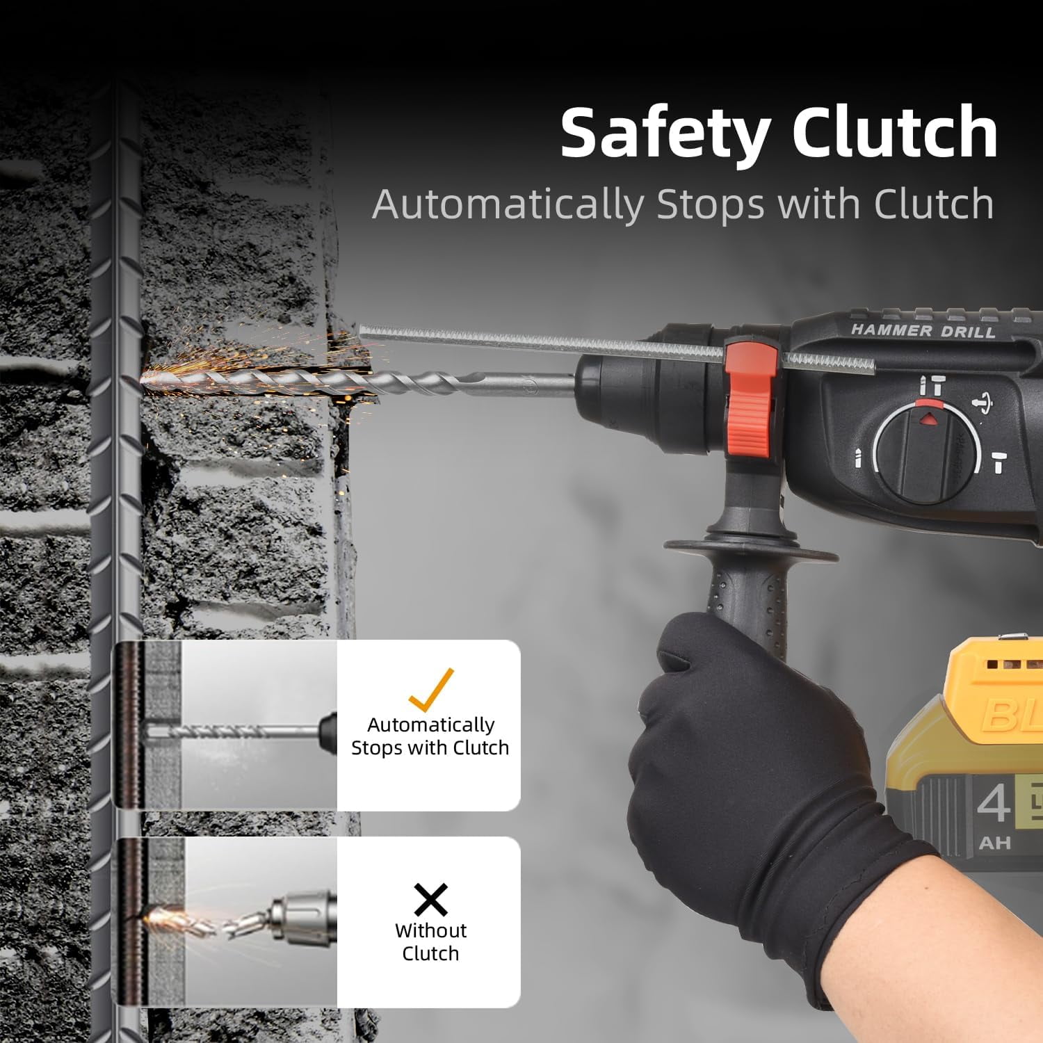 20V SDS-Plus Cordless Rotary Hammer Drill Compatible with Dewalt Battery(NO Battery), Brushless Motor,Safety Clutch,1000RPM,4 Functions with 5 Drills and Carrying Case for Concrete/Masonry/Wood/Metal