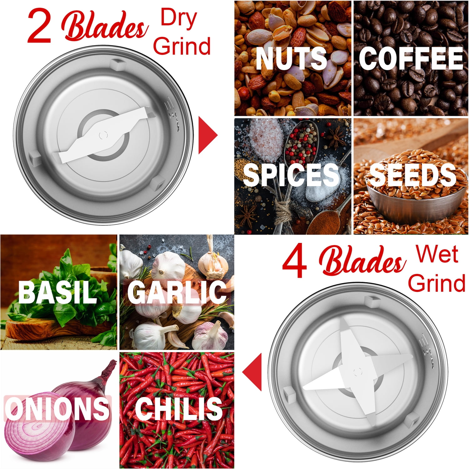Brentwood 75-Gram Electric Stainless Steel Wet-and-Dry Coffee Bean, Herb, and Spice Grinder with 2 Removable Bowls, CG-162S , CG-162S