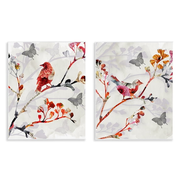 Stupell Industries Flower Birds on Branch Animals Painting Unframed Art Print Wall Art, 11 x 14, Set of 2