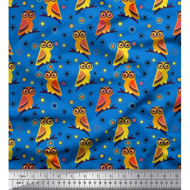 Soimoi Blue polyester Crepe Fabric Circle & Owl Cartoon Printed Fabric 1 Yard 42 Inch Wide