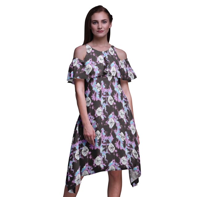 Bimba Brown Tie-Dye Printed Womens Ruffle Front Cold Shoulder Swing Shift Dress - Large