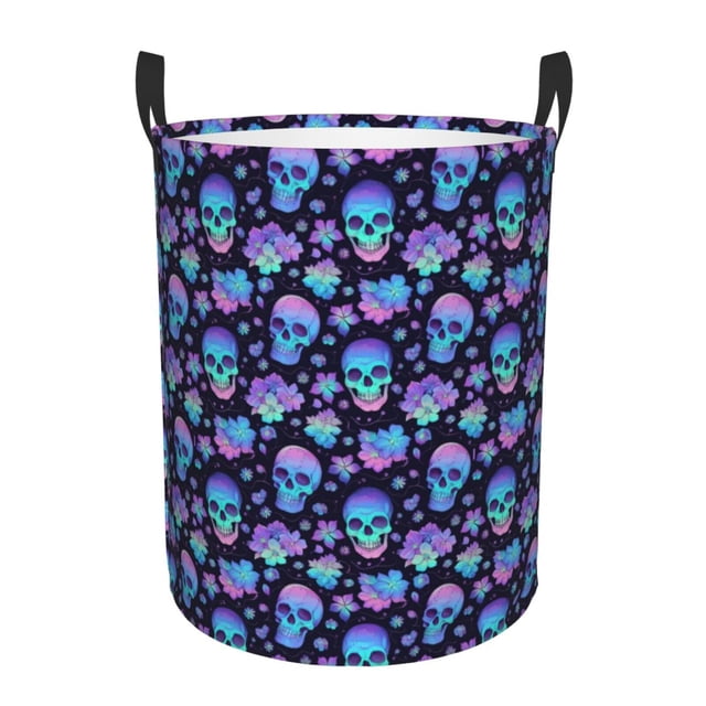 Balery Skull flower funny Cesta de ropa redonda con asas, impermeable, independiente, para ropa, juguetes, dormitorio y familia-Small