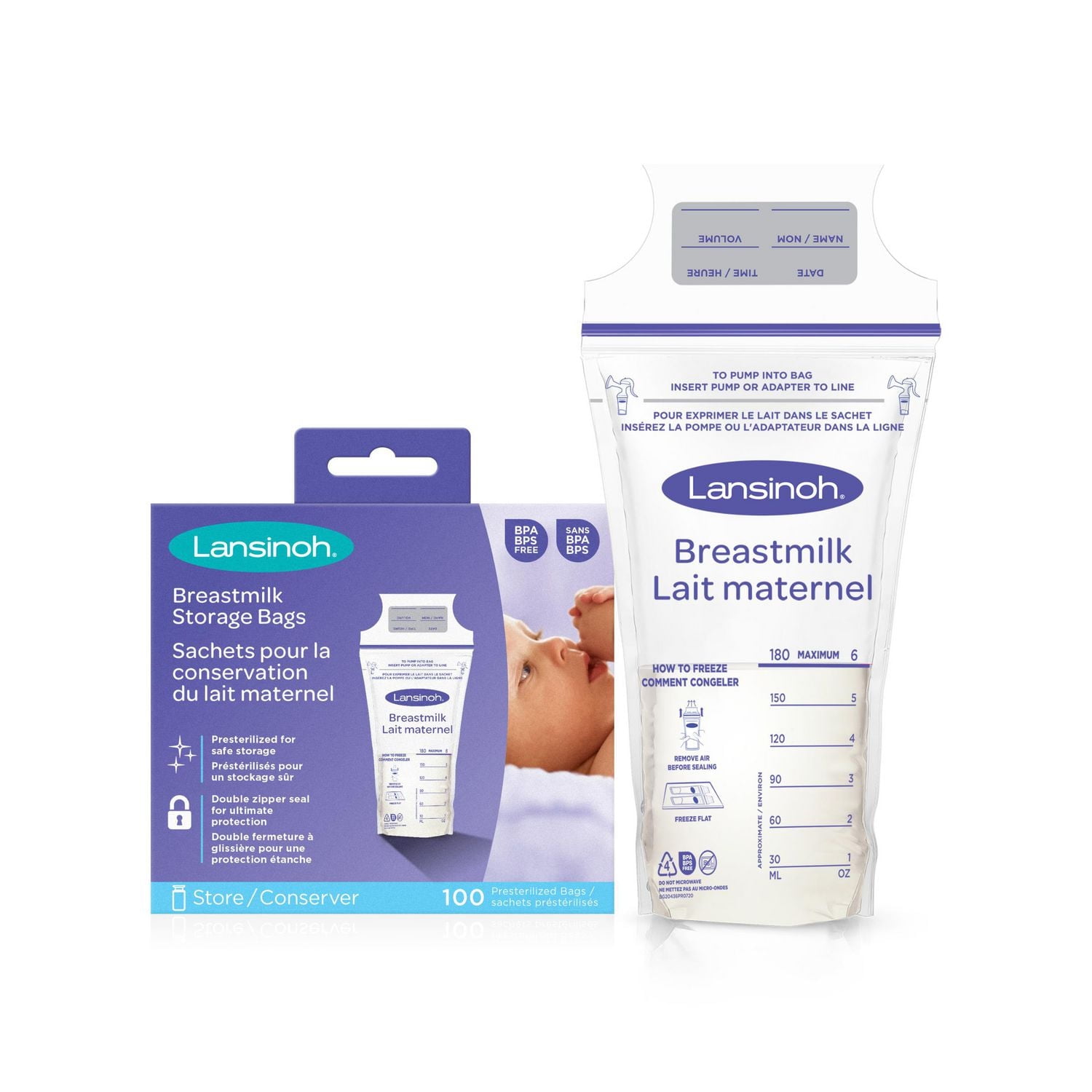 Lansinoh Breastmilk Storage Bags, 100 Count, Baby Essentials, Fast Freeze & Thaw Breast Milk Bags, 6 Oz, Superior Strength & Stretch 6oz/180ml, Sacs préstérilisés
