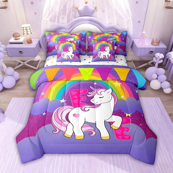 Manfei Hot Pink E Bedding Sets Twin Size, Dreamy Unicorn Animal Comforter Sets with Sheets, Initial Letter Reversible Bedding Twin Size, Breathable Bedroom Decor, 7-Piece