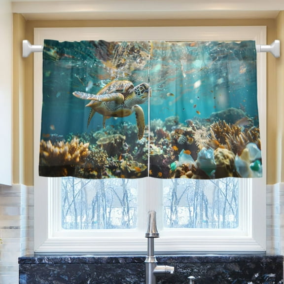 Ryvnso Turtle Swims under Sea Half Curtains Sets Tier 2 Panels Short Curtain Rod Pocket 27"W x 24"L