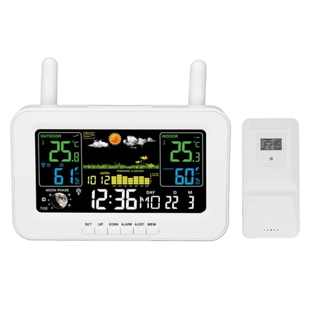 YAHHU Indoor Outdoor Weather Wireless Station Thermometer with Color Display Digital Temperature Humidity Sensor, Weather Forecast Station for Home, EU Plug White (8.27 in / 21.0 cm)