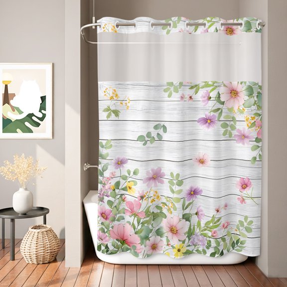 Pink Spring Floral Shower Curtain, Watercolor Botanical Wildflowers Board Waterproof No Hooks Bath Shower Curtain with See Through Top Window for Bathroom Bathtub 72x84in