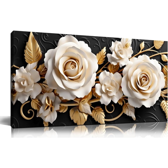 WFSposterFlower Large Canvas Wall Art for Living Room Bedroom Home Office White and Gold Wall Art Blossom Picture Framed Wall Decor Modern Canvas Prints