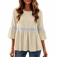 thumbnail image 4 of Lenpel 3/4 Length Sleeve Womens Tops Cotton Linen Crew Neck Fashion Peplum Blouses Casual Loose Eyelet Lace Patchwork Shirts Fall Clothes, 4 of 7