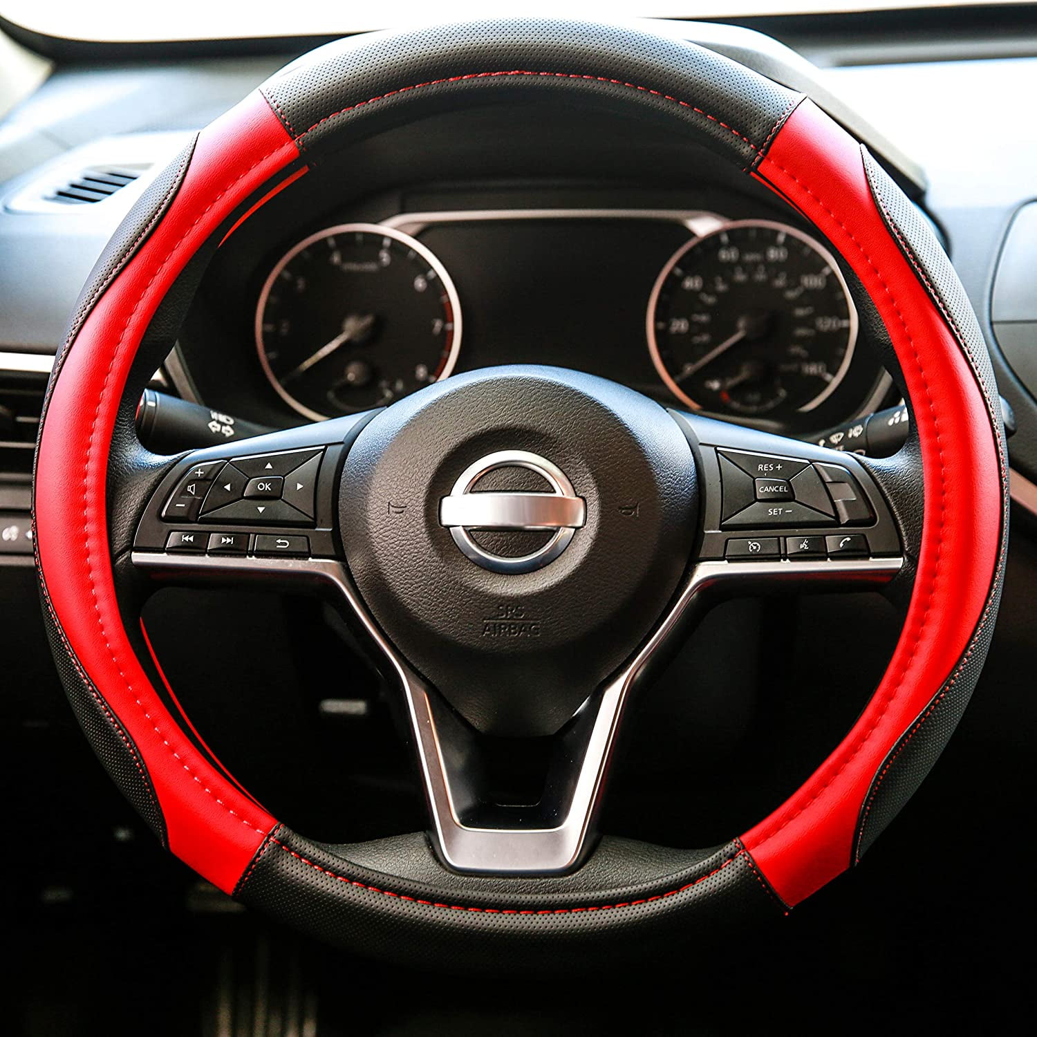 Shiny Red Metallic Finish Vinyl Floor Mats and Faux Leather Steering Wheel Cover 