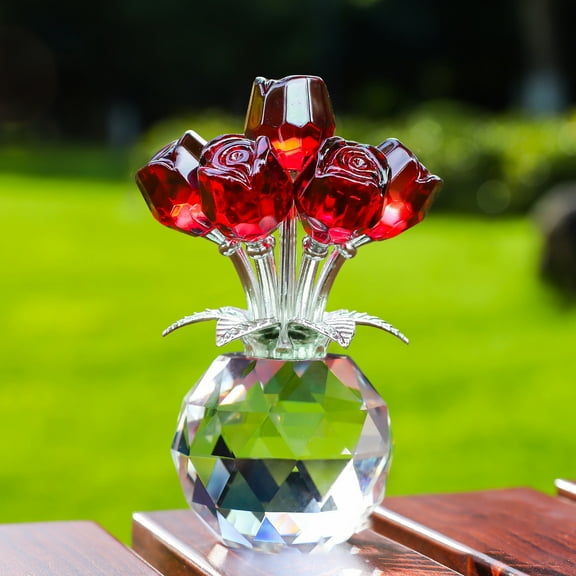 Crystal Rose Flower,3.3x5.2 Inch Crystal Rose Bouquet with Vases,Crystal Small Ornament,Glass Rose Gifts for Wife Girlfriend Mom,Home Table Decor for Mother's Day Birthday Wedding Anniversary