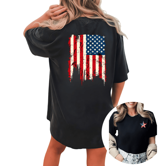 Giffimy Women 4th of July Distressed American Flag Graphic Short Sleeve T-Shirt Casual Cotton Crewneck Top Black S-5XL