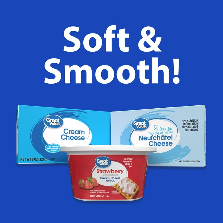 Great Value Cream Cheese 8 oz Brick, 2 Pack, Spreadable, Made from