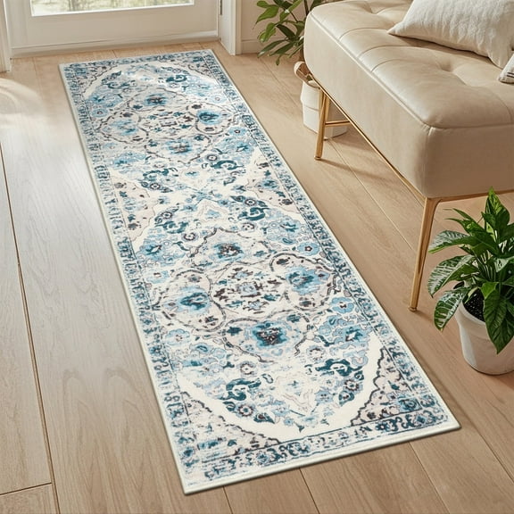 MeyJey 2'x6' Boho Runner Rug , Oriental Non Slip Machine Washable Area Rug Distressed Vintage Floor Carpet for Bedroom Kitchen Living Laundry Room, Blue/Beige