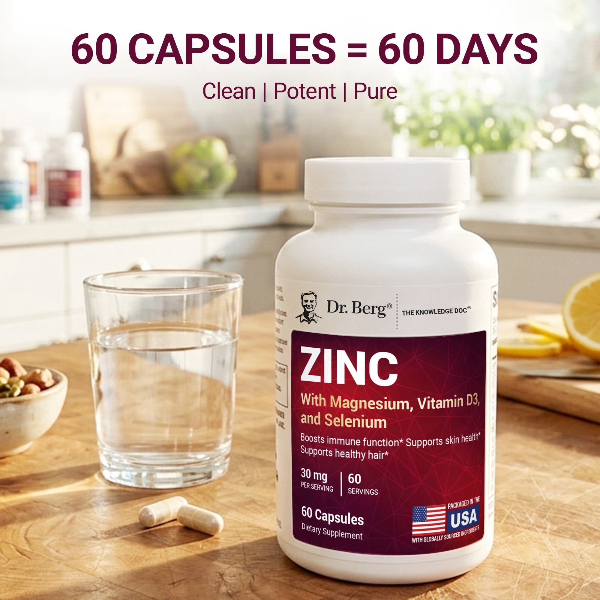 Dr. Berg Zinc 30 mg Capsules with Magnesium, Vitamin D3, Selenium, Copper & Folate - Immune Support, 60 Capsules