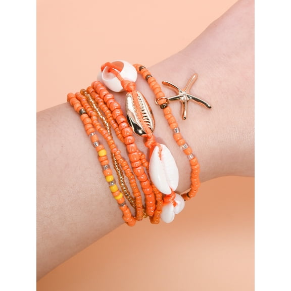 ERDOUY Shell Bracelets for Women Boho Layered Beaded Seashell Bracelets Colorful Stackable Shell Bracelet Starfish Bracelets Jewelry Accessories for Women,Orange
