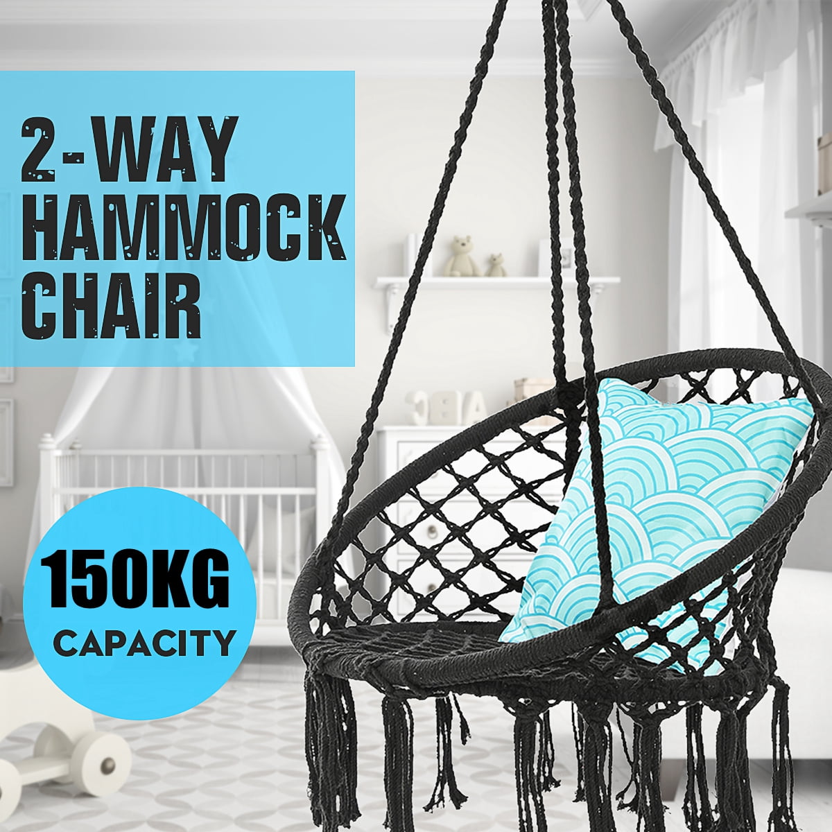 Double Hammock Cotton Swing Camping Hanging Rope Chair Wood Bed Outdoor Patio EI 